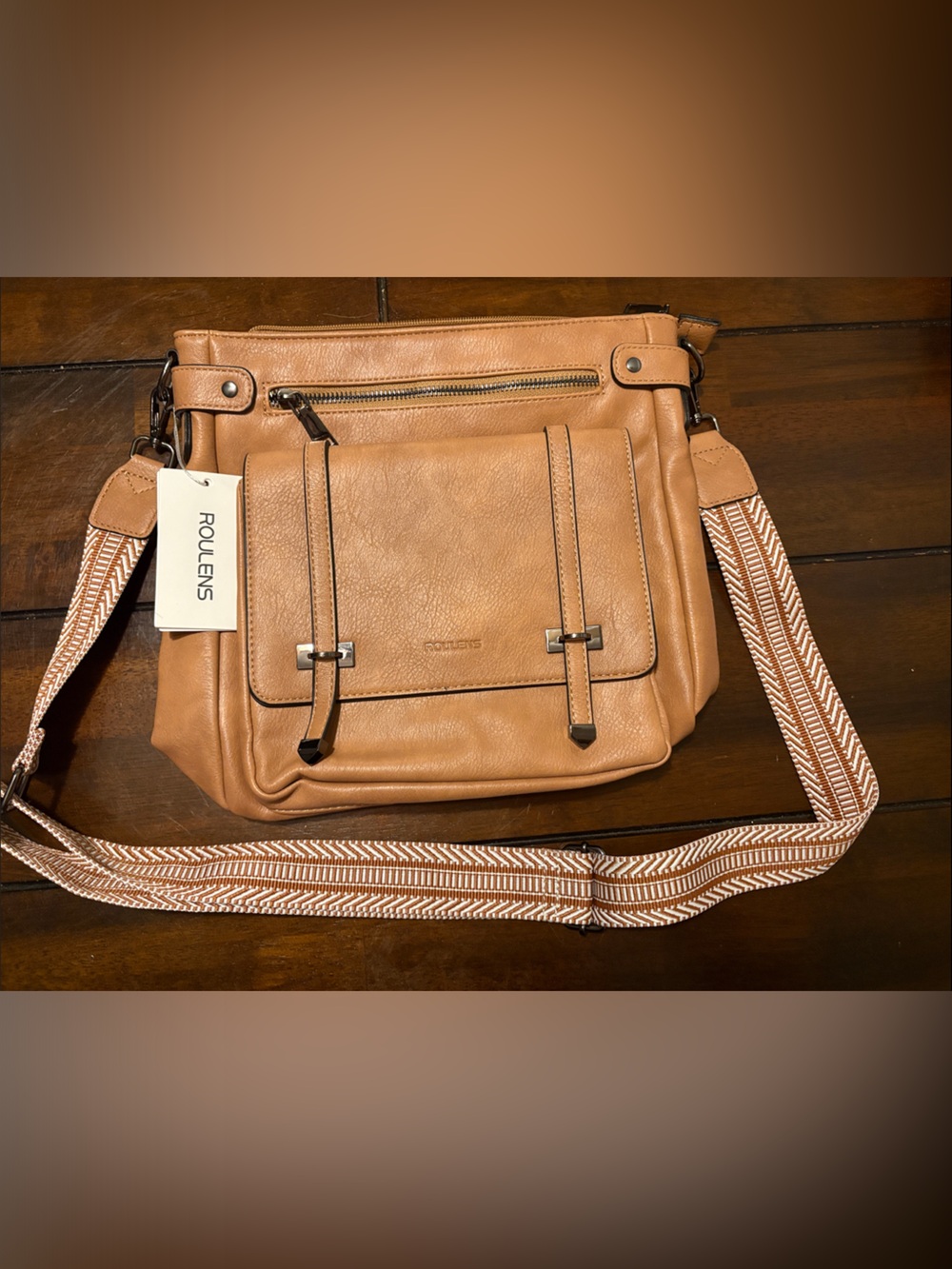 ROULENS Tan Leather Messenger Bag with Patterned Strap